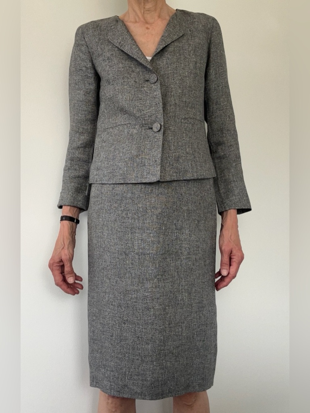 🇫🇷 Agnes B. Grey knee-long linen suit (lined) Fr size 36; foldable sleeves